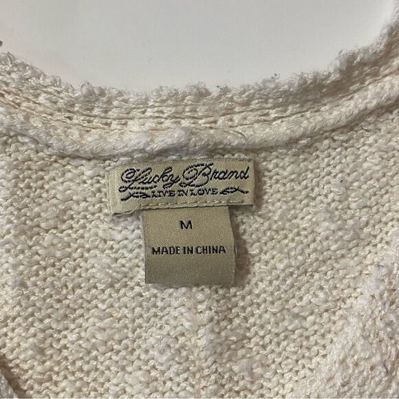 Lucky Brand Cream Mixed Weave Chunky Knit BOHO Pullover V Neck Sweater Size M - Picture 4 of 12